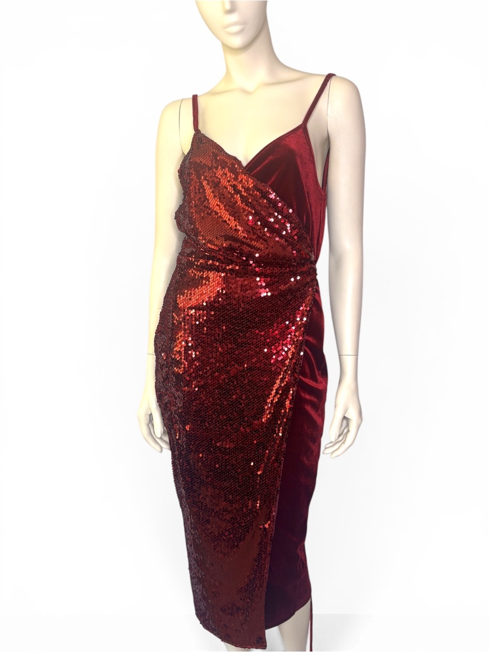 Red Sequin‎ and stretch velvet Wrap Midi Dress Medium